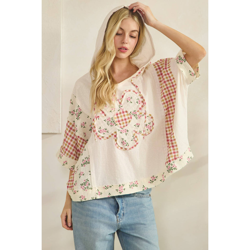 COTTON GAUZE HOODIE WITH DAISY FLORAL PATCH