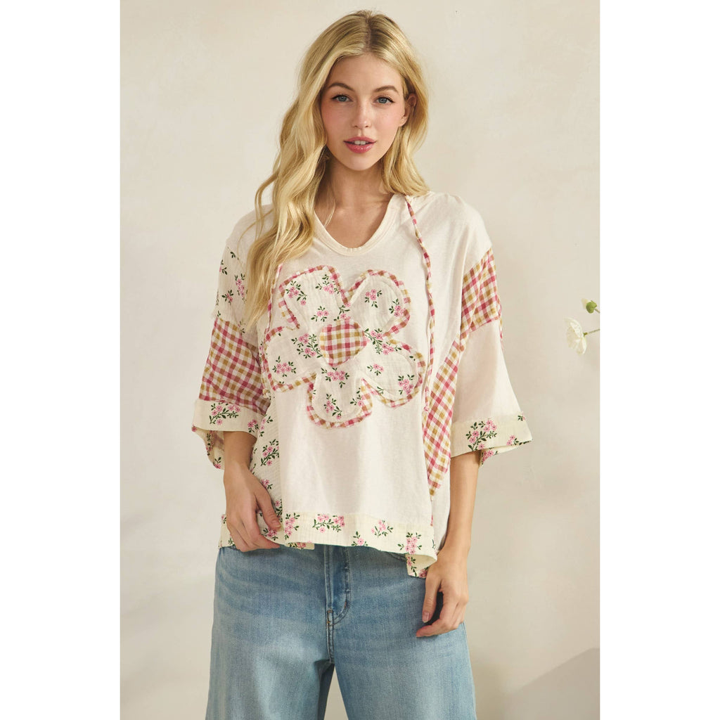 COTTON GAUZE HOODIE WITH DAISY FLORAL PATCH