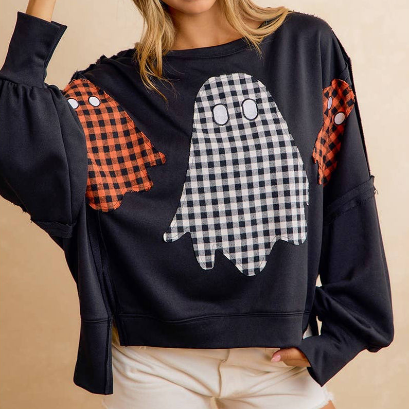 OVERSIZED PLAID GHOST APPLIQUE HALLOWEEN SWEATSHIRT