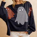 OVERSIZED PLAID GHOST APPLIQUE HALLOWEEN SWEATSHIRT