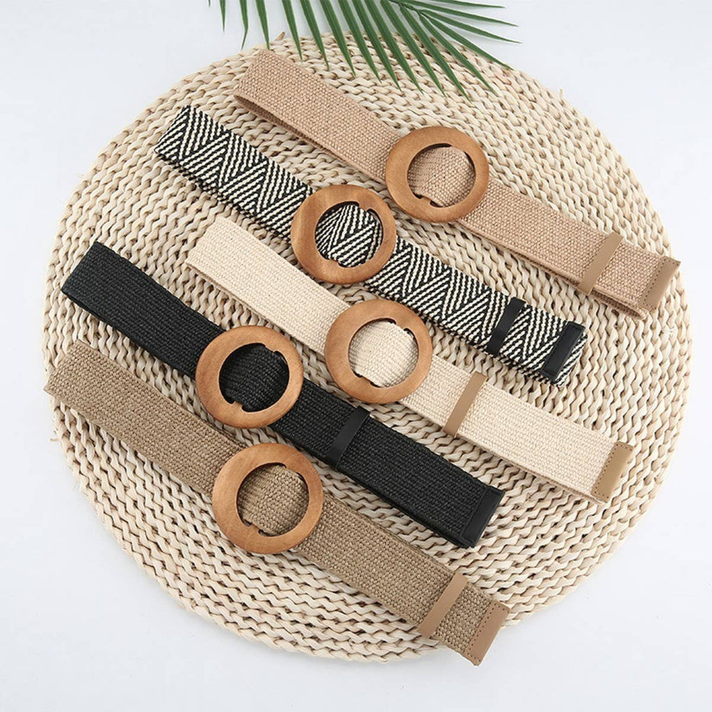 Round Wooden Buckle Pp Straw Woven Belt
