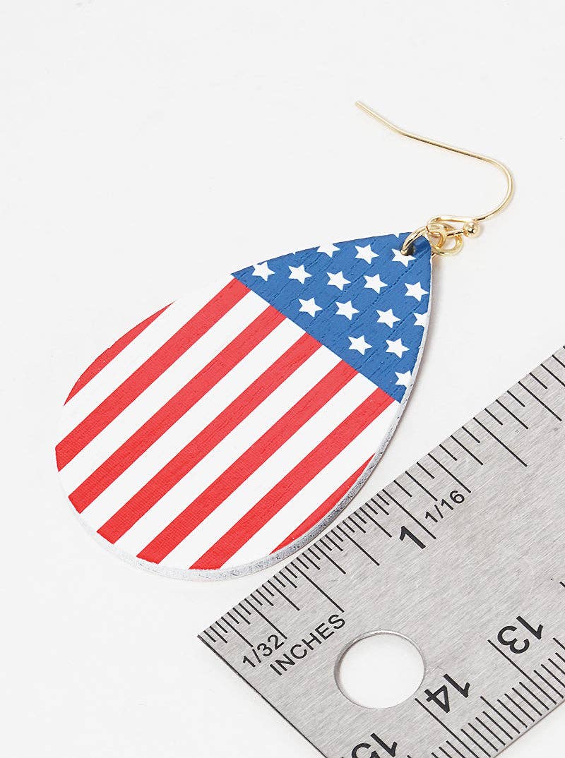 Patriotic-Theme Wooden Teardrop Dangle Drop Earrings
