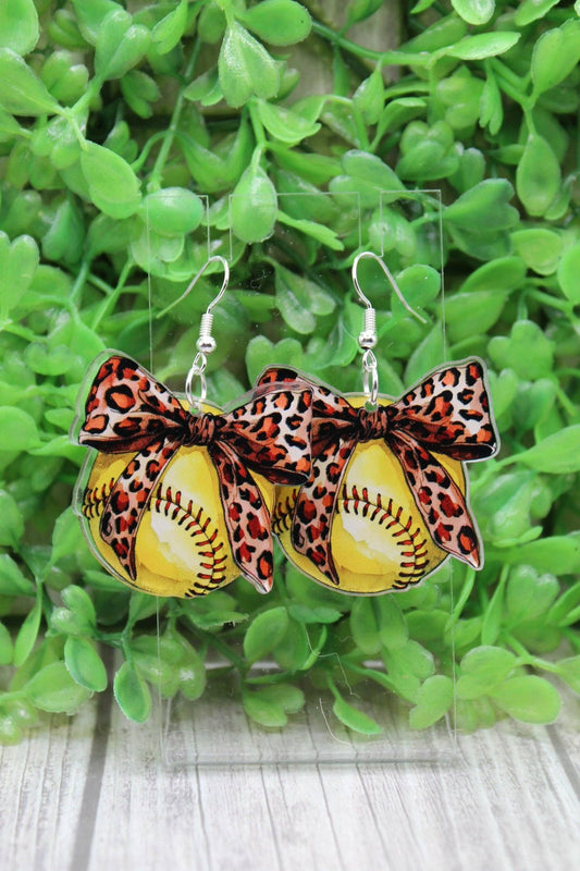 Leopard Bow Softball Dangle Earrings