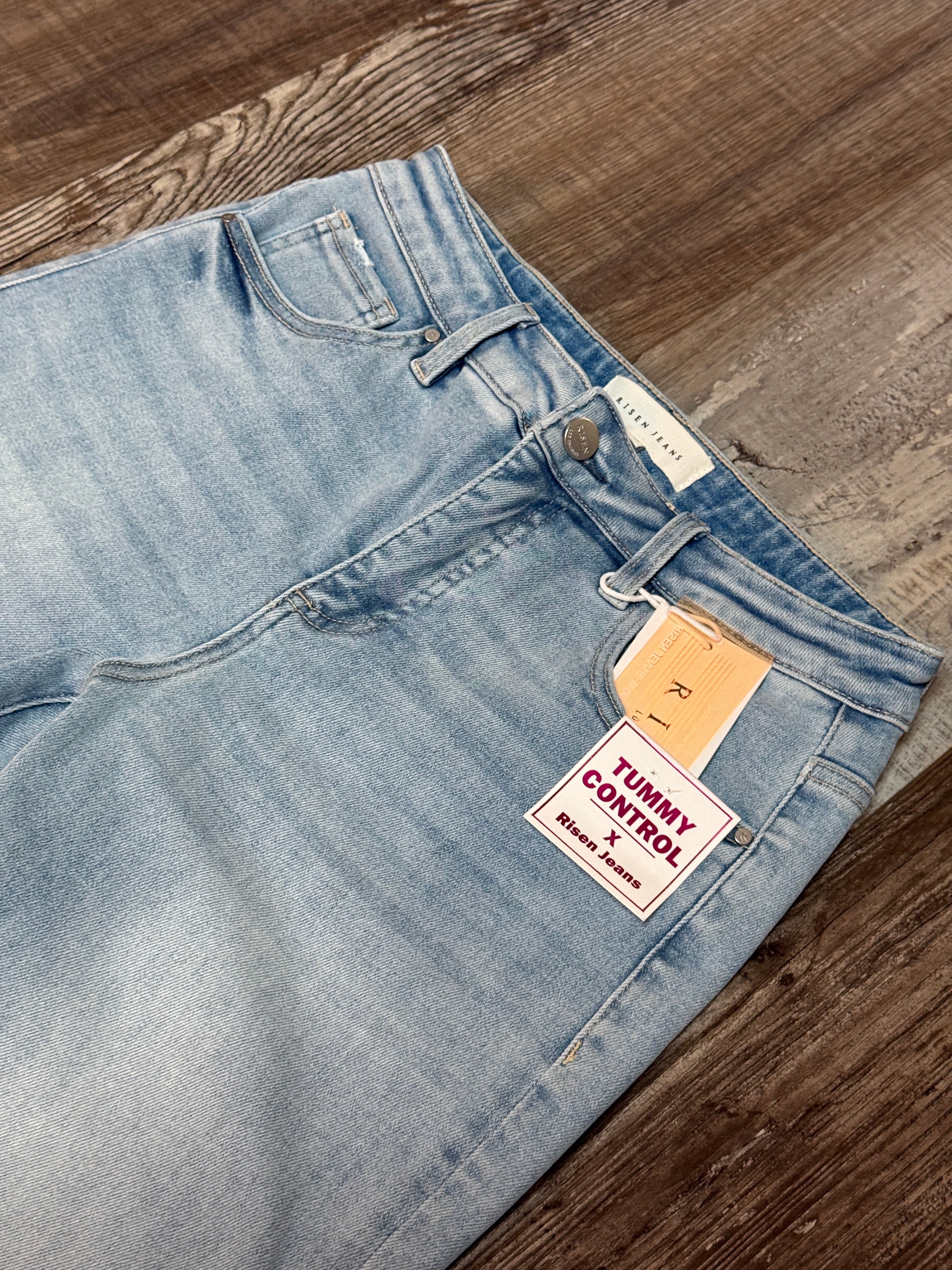 Risen Tummy Control High Rise Crop Straight Jeans Light Wash