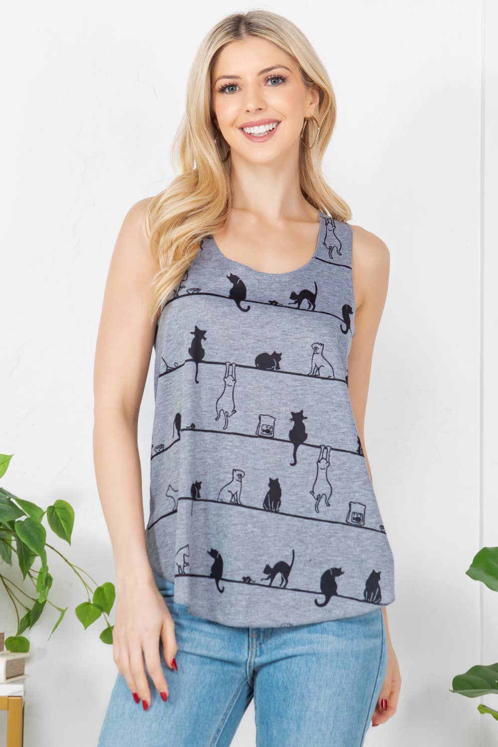 Playful Cat Print Graphic Tank Top