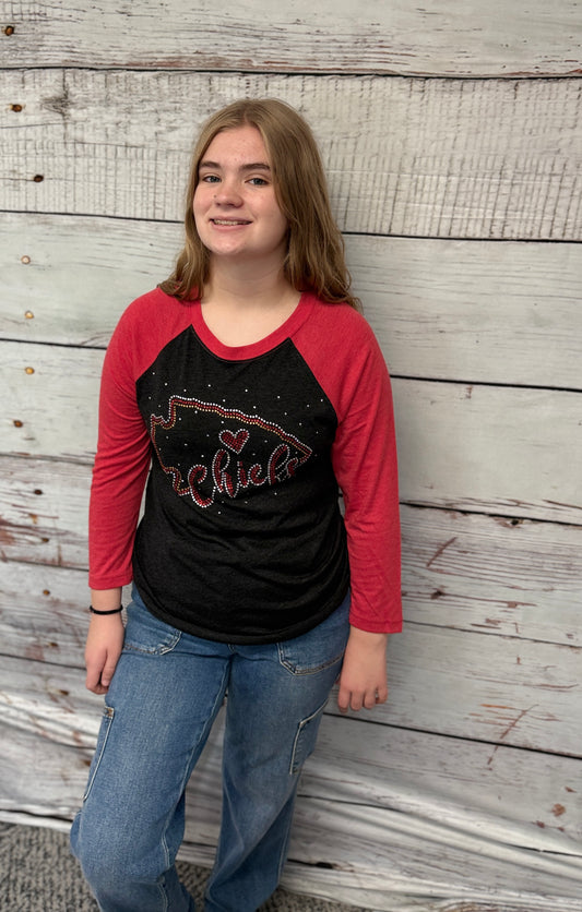 Heather Red & Grey Arrowhead & Chiefs Bling Raglan T Shirt