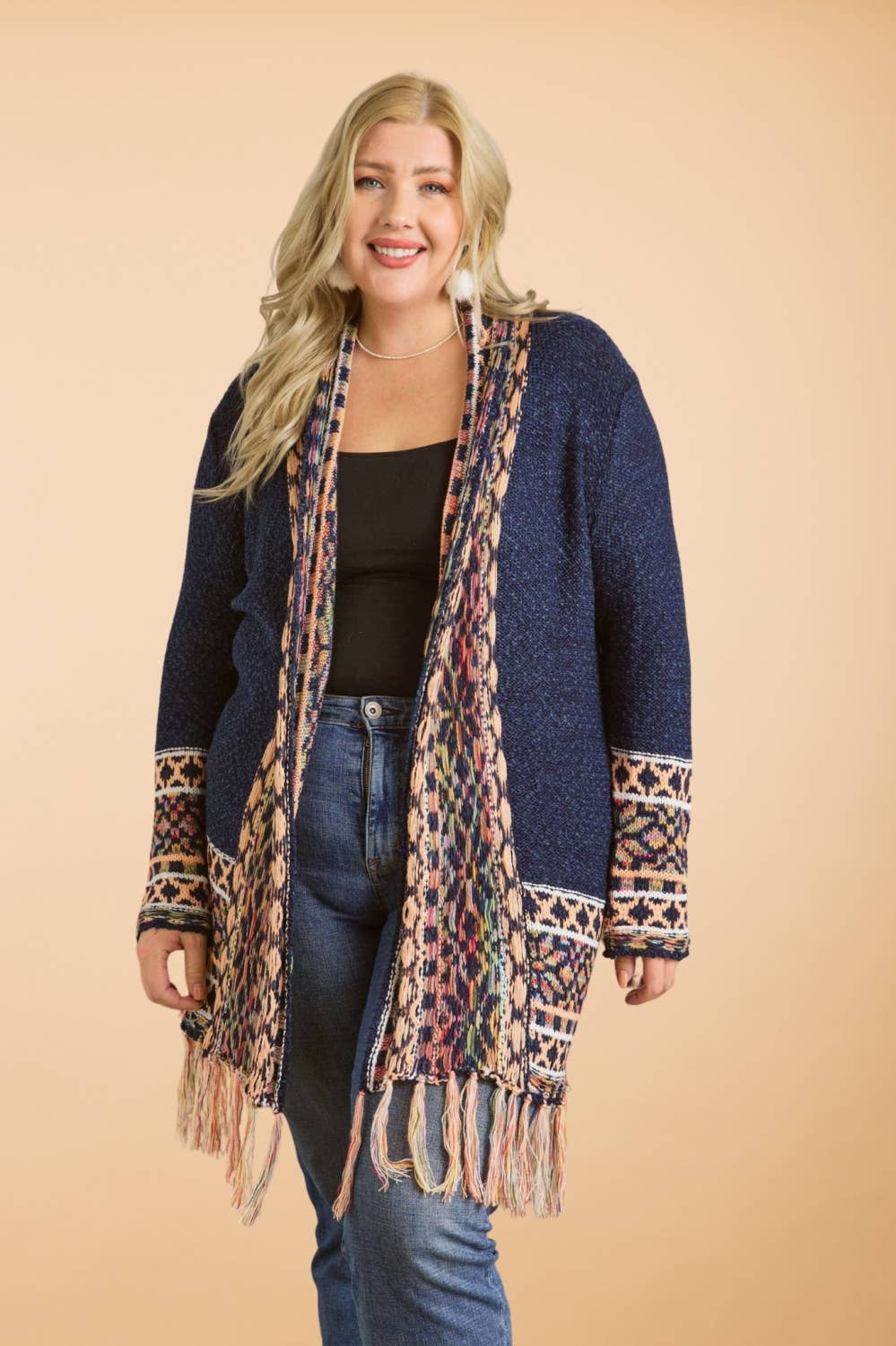 CESW2469X - PLUS FRINGE HEM AZTEC BORDER CARDIGAN