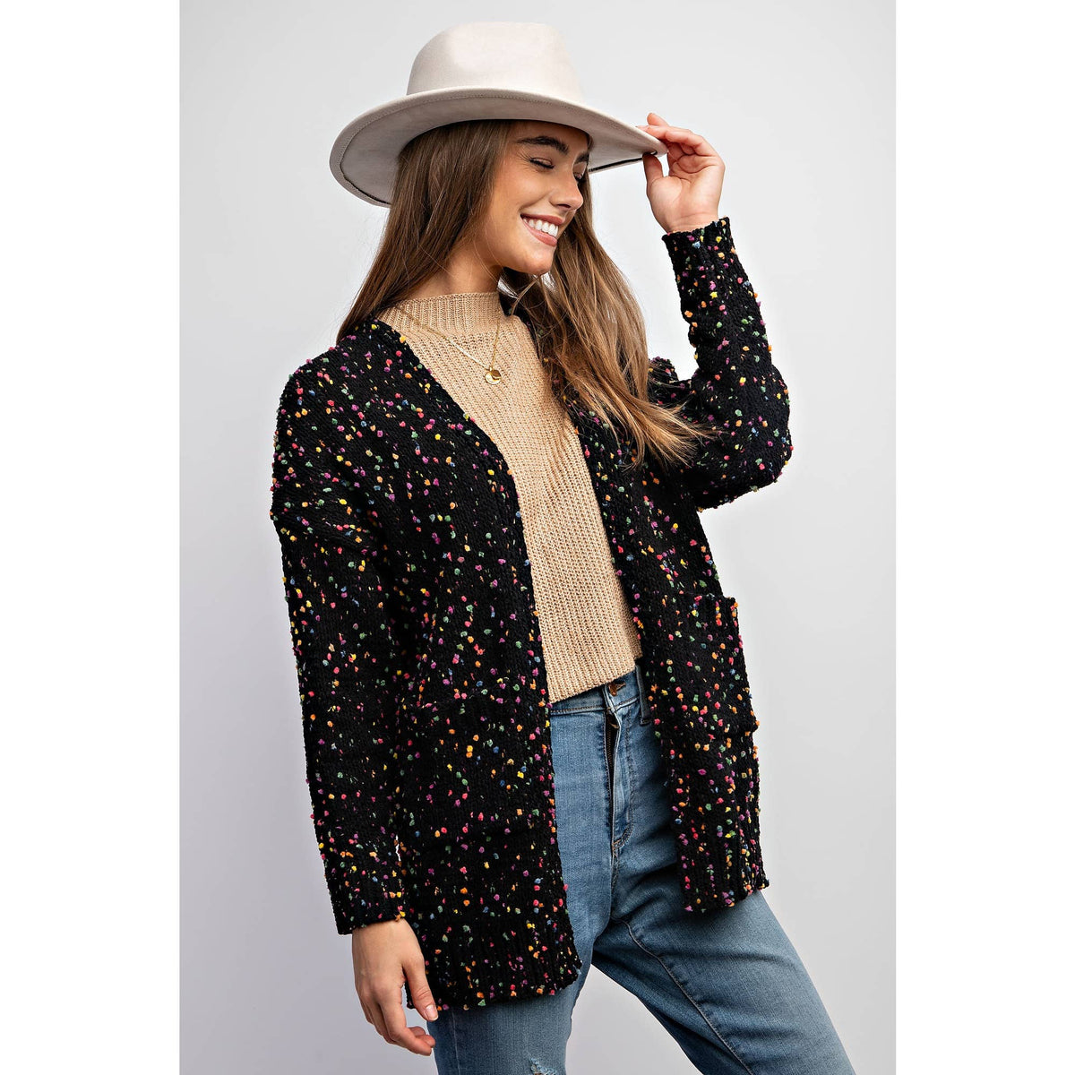 CARDIGAN W RAINBOW POPCORN SPECKLES