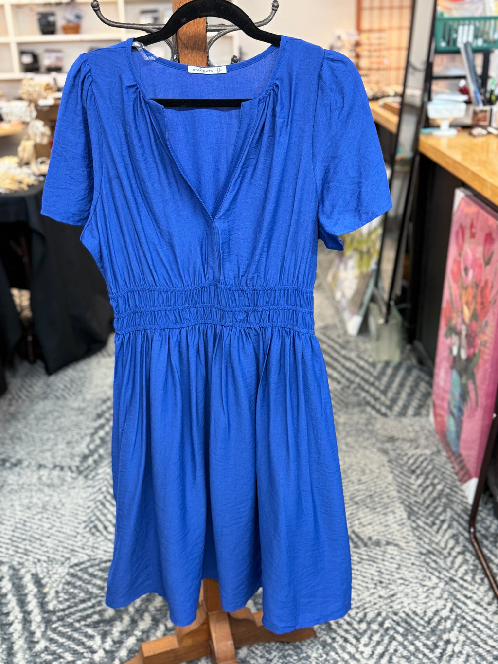 Royal Blue Y-Neck Stretch Waist Dress  by Staccato