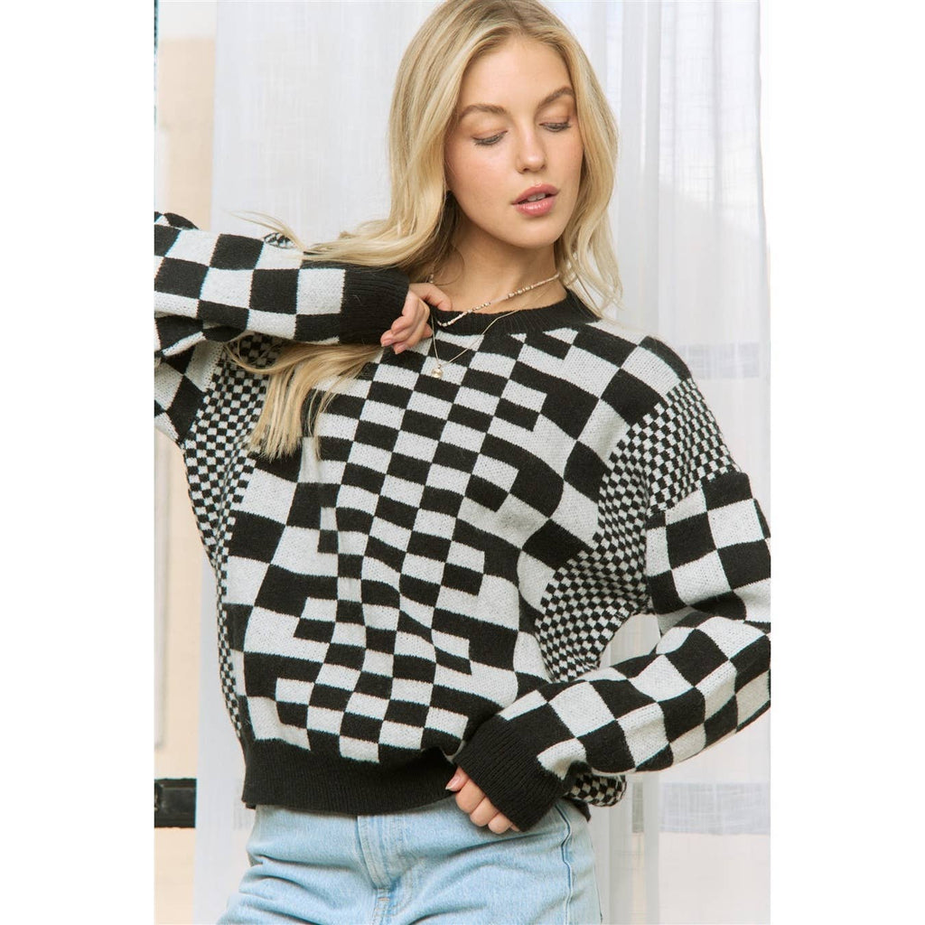 CHIC CHECKER JACQUARD PRINT CASUAL PULLOVER SWEATER