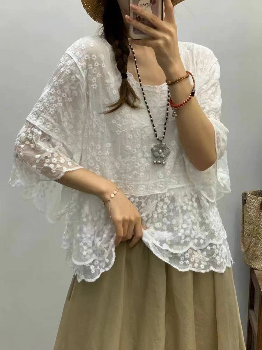 Vintage Embroidered Lace Cotton Blouse