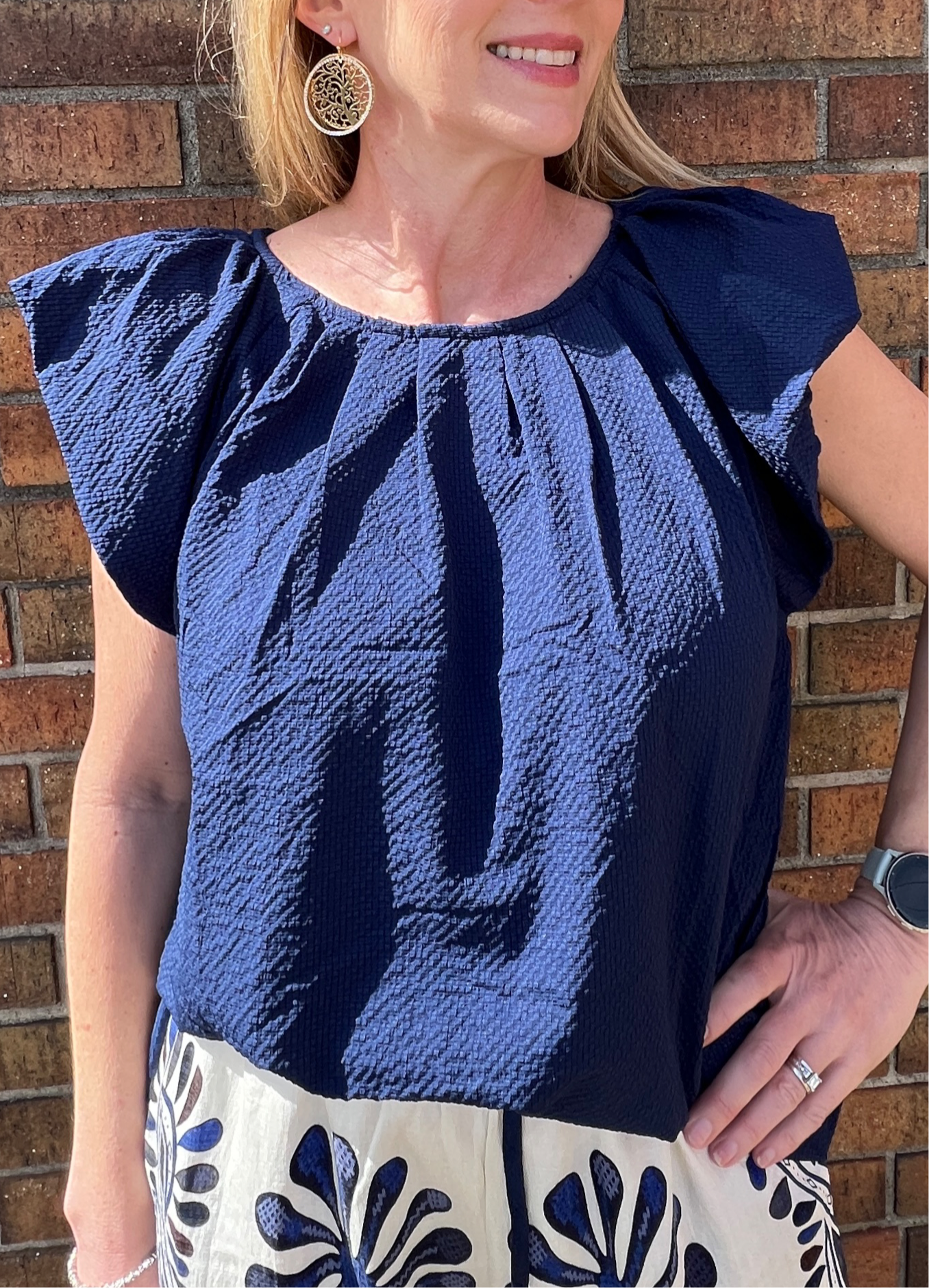 Navy Crewneck Blouse with Pleats