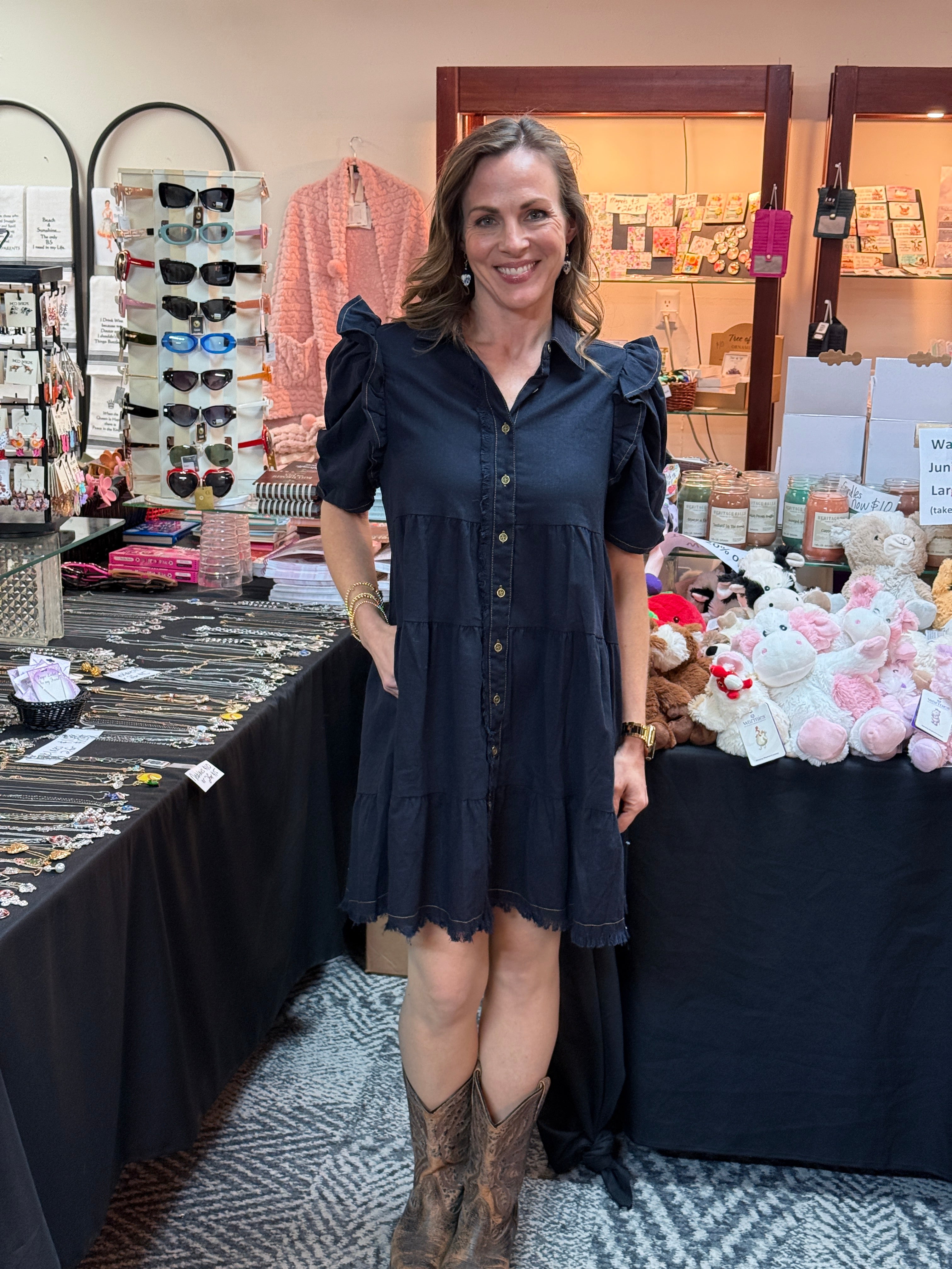 Dark Wash Denim Dress with Buttons & Frayed Bottom