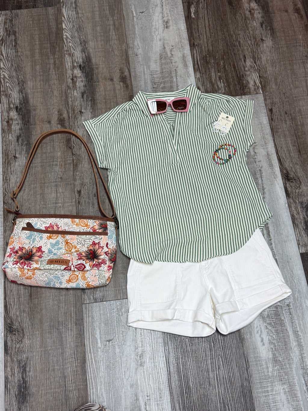 Green & White Stripe V-neck Collared Top by Mine