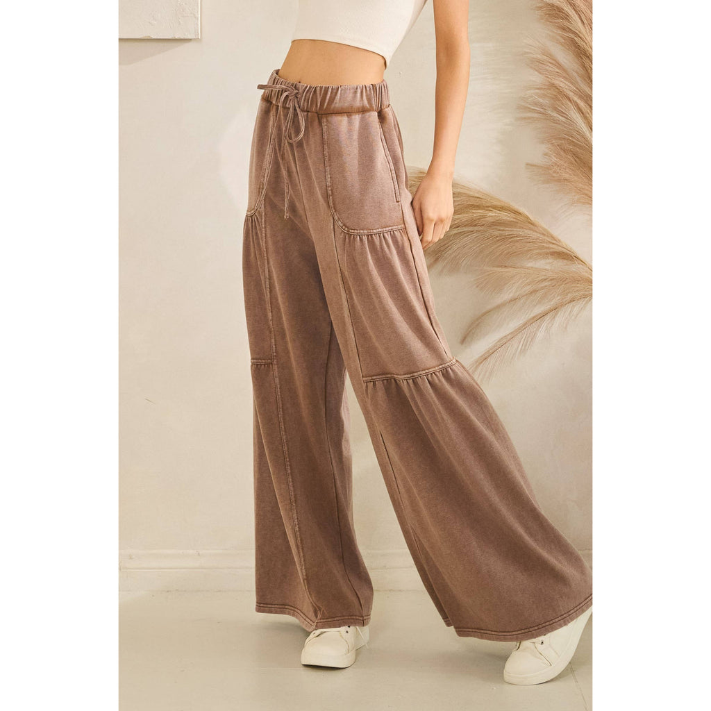 WASHED TIERED WIDE-LEG DRAWSTRING PANTS