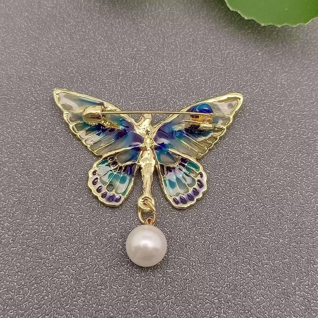 Pearl Charm Enamel Butterfly Brooch