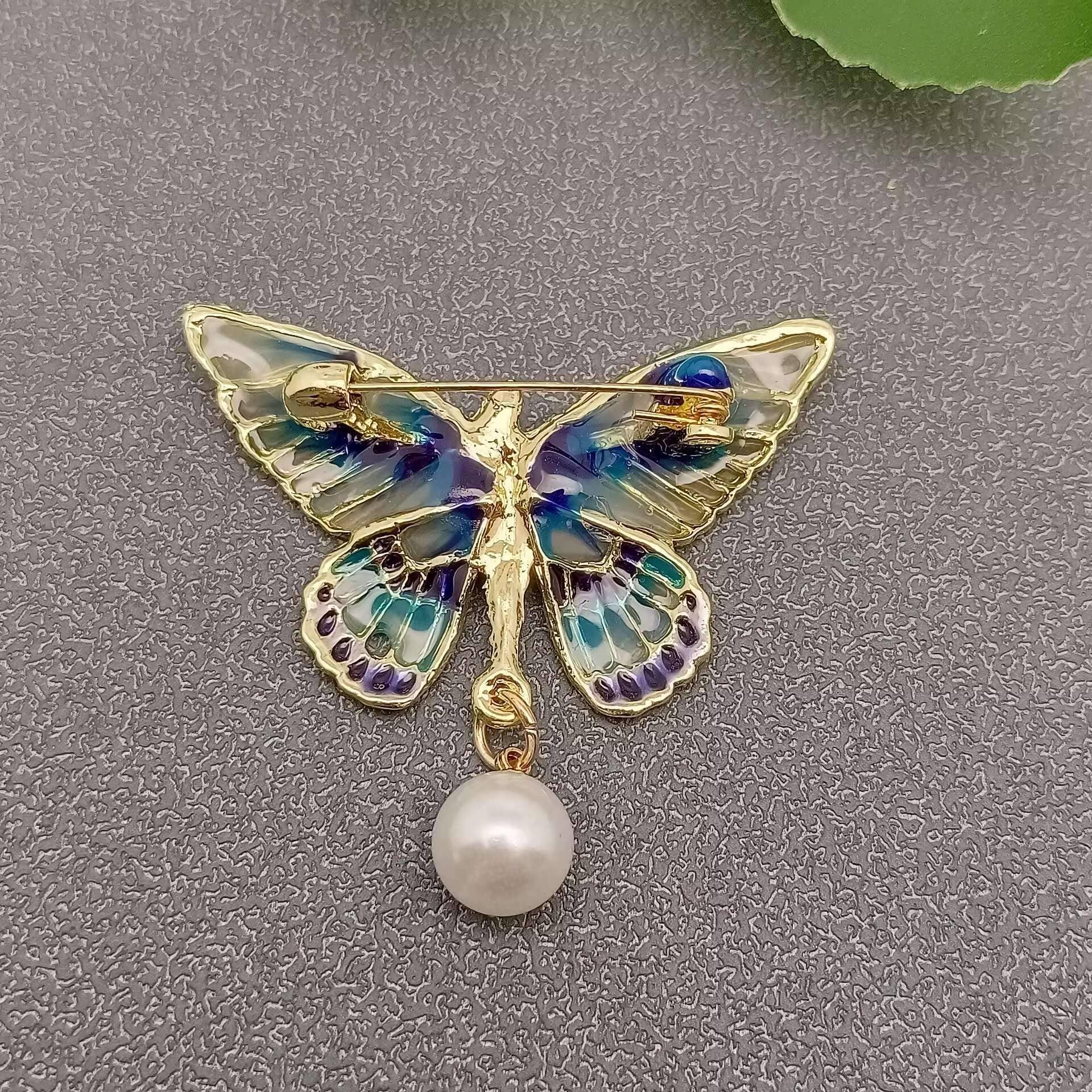 Pearl Charm Enamel Butterfly Brooch