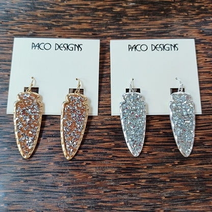 Beautiful Druzy Rose Gold and Silver Bling Arrowhead Earrings