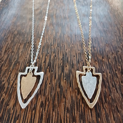 Two-tone Flat Matte Arrowhead Necklace Gold or Silver