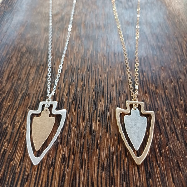 Two-tone Flat Matte Arrowhead Necklace Gold or Silver