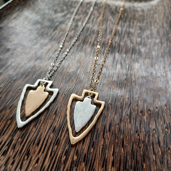 Two-tone Flat Matte Arrowhead Necklace Gold or Silver