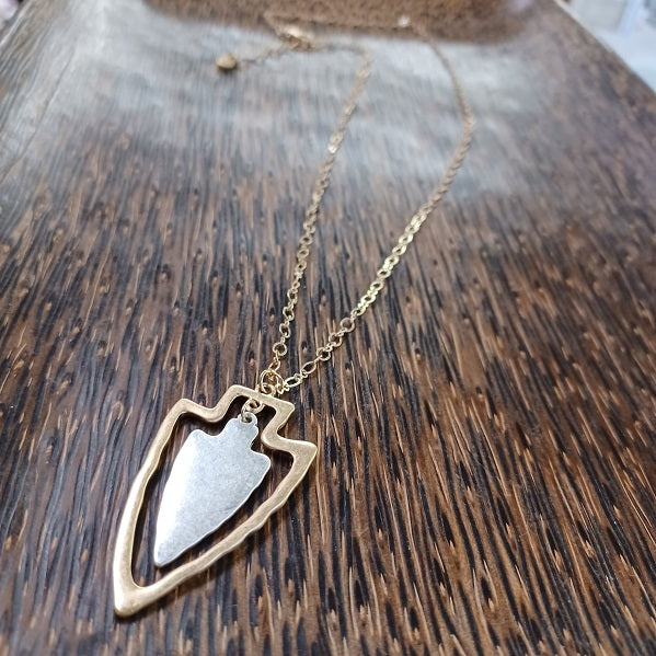 Two-tone Flat Matte Arrowhead Necklace Gold or Silver