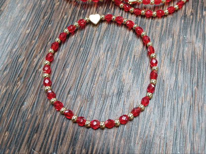 Dainty Red and Gold beaded Bracelet with Gold Heart Accent