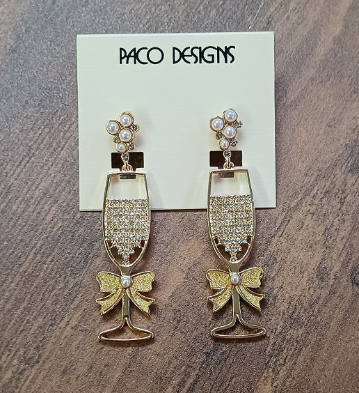 Gold Bubbly Wine & Bow Earrings