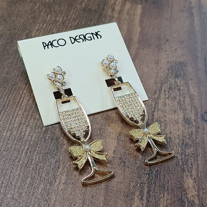 Gold Bubbly Wine & Bow Earrings