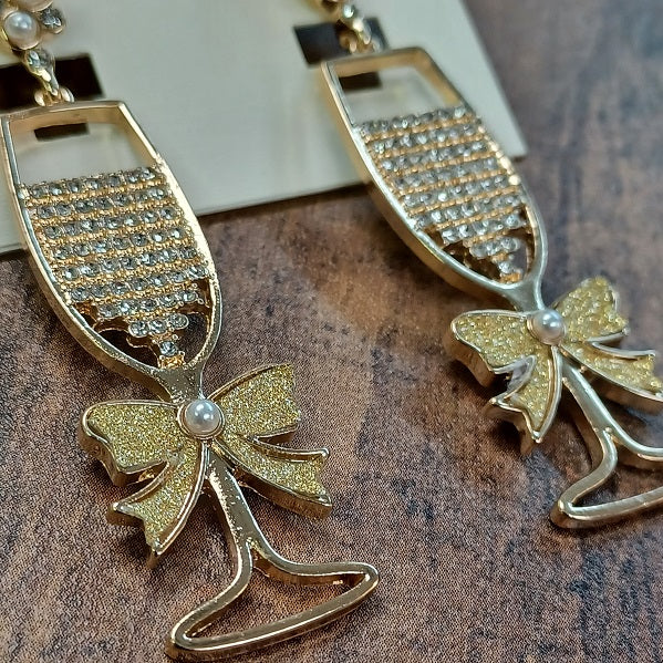 Sparkly Gold Bubbly Champagne & Bow Earrings
