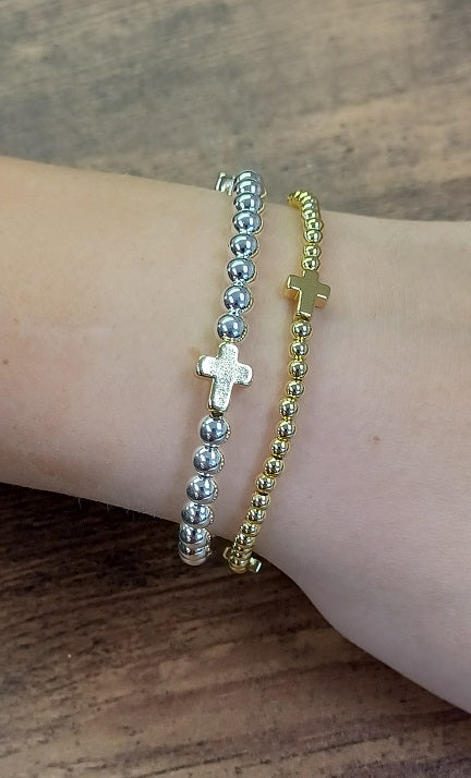 Dainty Cross Accented Gold or Silver Beaded Bracelet