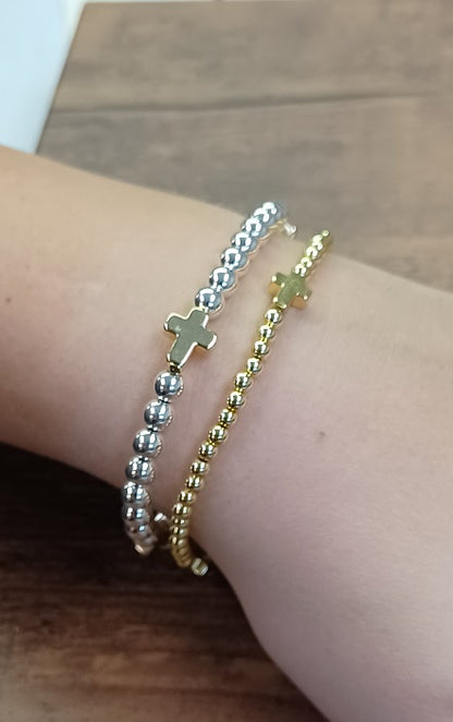 Dainty Cross Accented Gold or Silver Beaded Bracelet