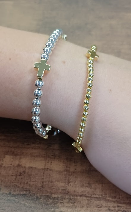 Dainty Cross Accented Gold or Silver Beaded Bracelet