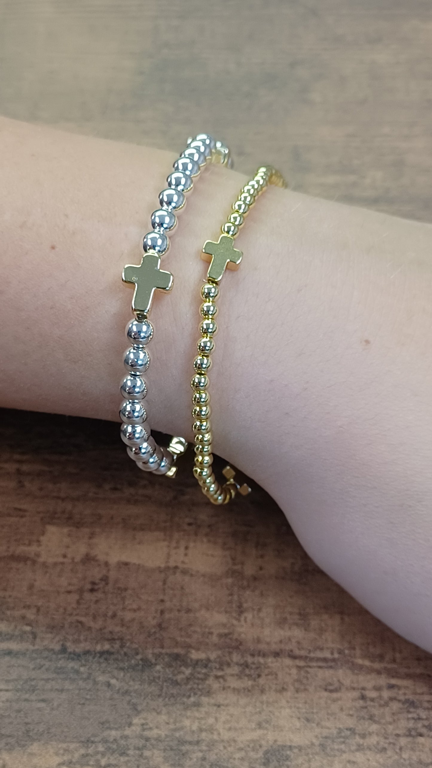 Dainty Cross Accented Gold or Silver Beaded Bracelet