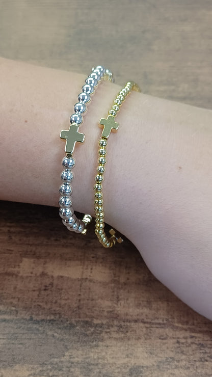 Dainty Cross Accented Gold or Silver Beaded Bracelet