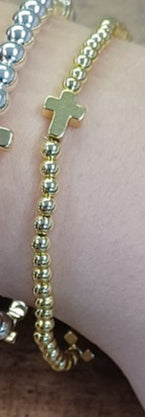 Dainty Cross Accented Gold or Silver Beaded Bracelet