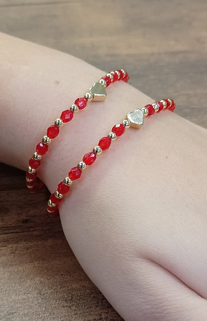 Dainty Red and Gold beaded Bracelet with Gold Heart Accent