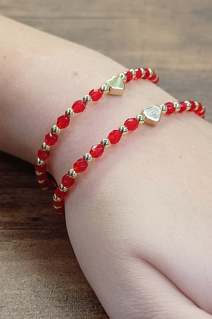 Dainty Red and Gold beaded Bracelet with Gold Heart Accent