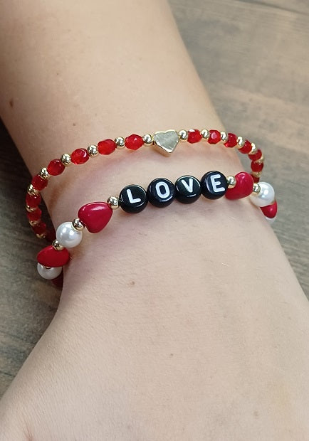 Dainty Red and Gold beaded Bracelet with Gold Heart Accent