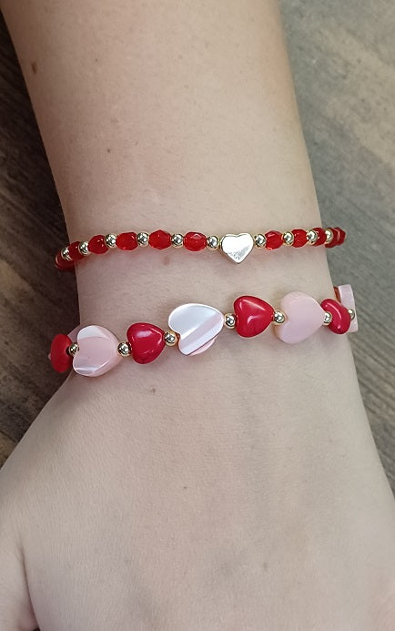 Dainty Red and Gold beaded Bracelet with Gold Heart Accent