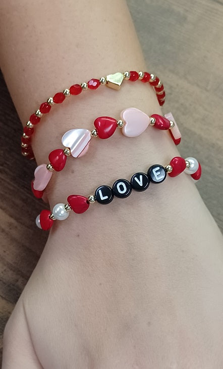 Dainty Red and Gold beaded Bracelet with Gold Heart Accent