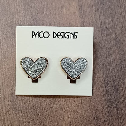 Glitzy Silver Heart Stud Earrings