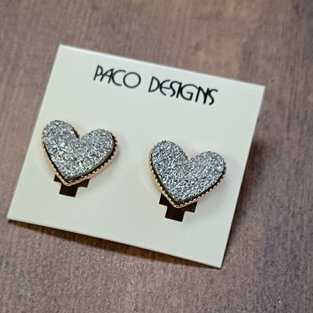 Glitzy Silver Heart Stud Earrings