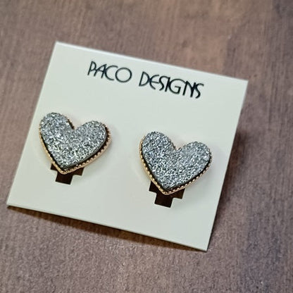 Glitzy Silver Heart Stud Earrings