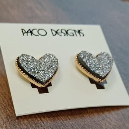 Glitzy Silver Heart Stud Earrings