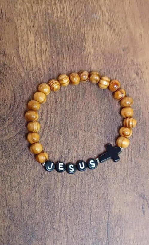Jesus Wood Beaded Bracelet