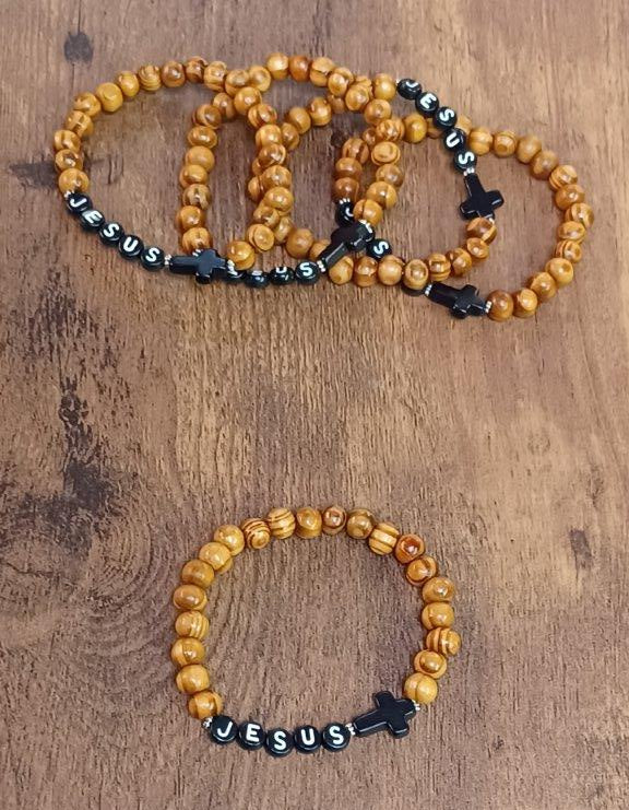Jesus Wood Beaded Bracelet