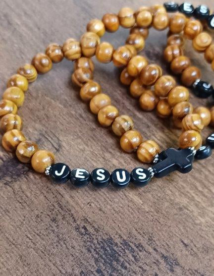 Jesus Wood Beaded Bracelet