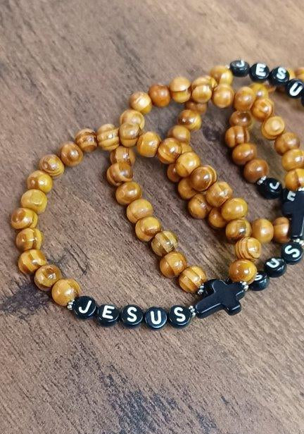 Jesus Wood Beaded Bracelet