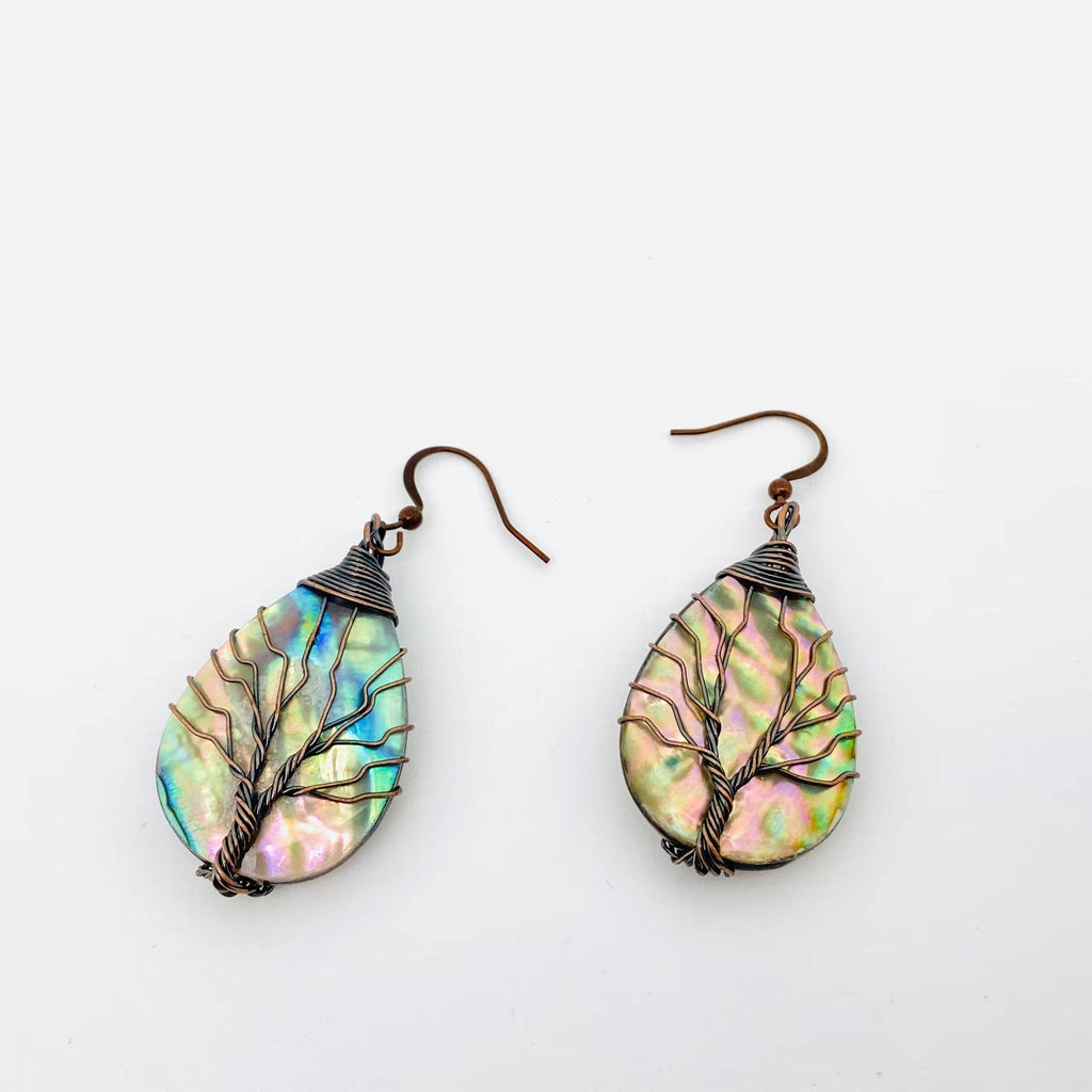 Tree of Life Wrapped Shell Drop-Shaped Charm Earrings
